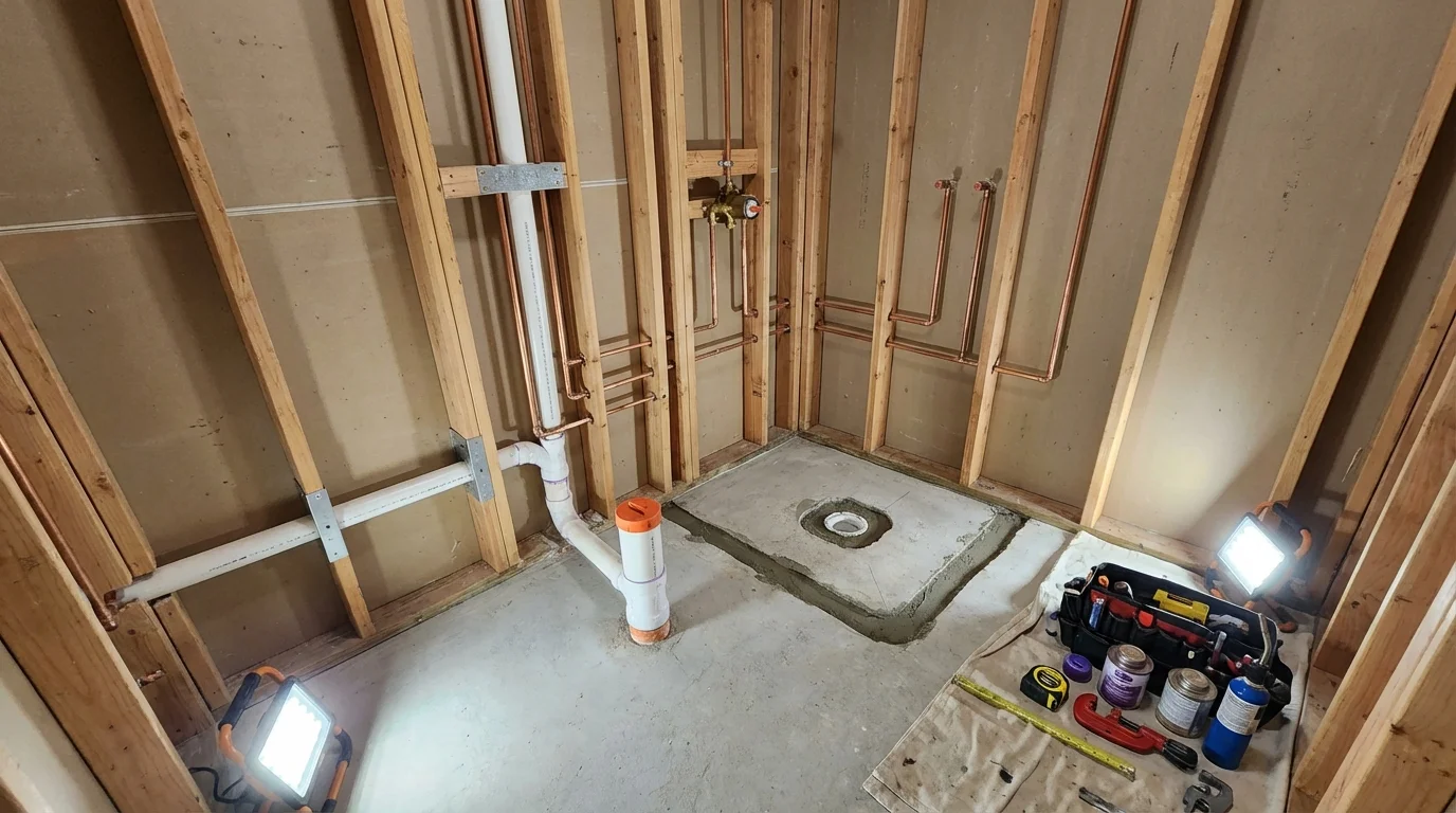Bathroom rough-in plumbing during remodel by Johns Plumbing LLC in Bardwell